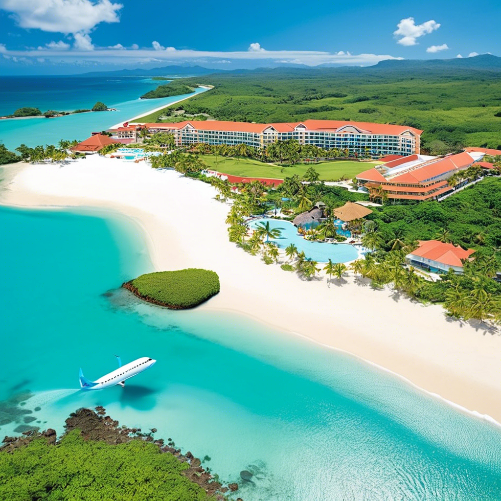 Aerial view of a tropical resort near a beach with a plane flying closely.