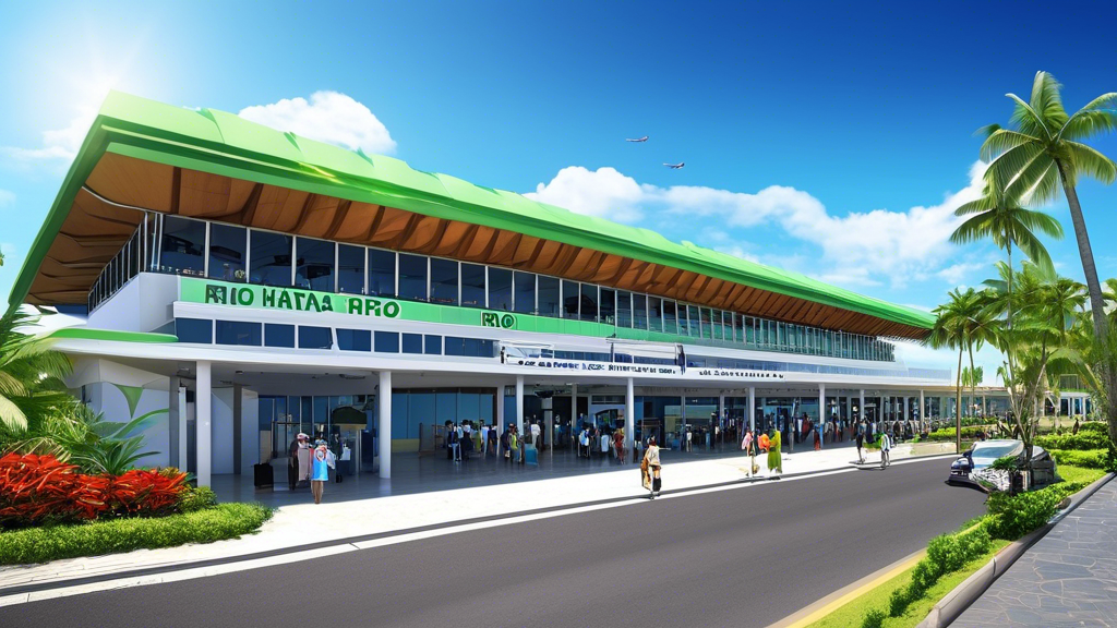 "Entrance of Rio Hato Airport with passengers and palm trees under a clear sky."